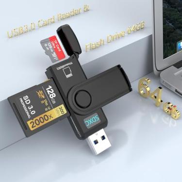 Imagem de Leitor de cartão micro SD 3 em 1, pen drive USB 3.0 de 64 GB, cartão de memória com 2 compartimentos para SD, SDXC, SDHC, MMC, UHS-I, Micro SDXC, Micro SDHC, Micro SD, TF Card Trail Camera Viewer,