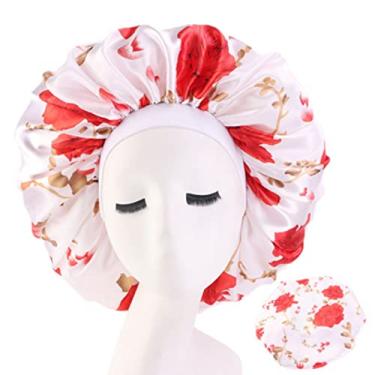 Imagem de Touca de cetim com aba larga elástica para dormir, touca de quimioterapia, salão de beleza, touca para cuidados com os cabelos, fundo branco, cártamo