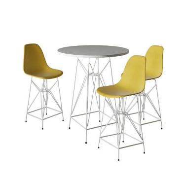 Imagem de Jogo Mesa Bistrô Eames Branca 60cm 3 Banquetas Amarela Base Ferro Bran