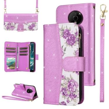 Imagem de Furiet Capa carteira floral para Nokia C200 flip com zíper alça de ombro, suporte de cartão de couro PU com glitter de luxo acessórios para celular N151DL C 200 200C 4G feminino roxo