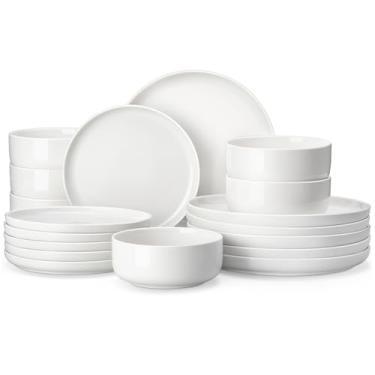 Imagem de MALACASA Conjunto de pratos e tigelas, 18 peças de louça de porcelana, resistente a lascas, conjunto de pratos de cerâmica resistente a lascas, serviço de jantar para 6, branco, série LUNA