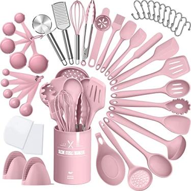 Imagem de Conjunto de utensílios de cozinha de silicone, conjunto de utensílios de cozinha AIKKIL 43 peças resistentes ao calor, espátula, espátula, conjunto de ferramentas de utensílios de cozinha para panelas antiaderentes, rosa (máquina de lavar louça, livre de BPA)
