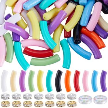 Imagem de SOFPLATE 240 peças de contas de bambu curvadas kit de contas de tubo com 2 rolos de fio elástico opaco colorido acrílico macarrão latão strass, contas espaçadoras soltas para fazer joias, pulseiras,