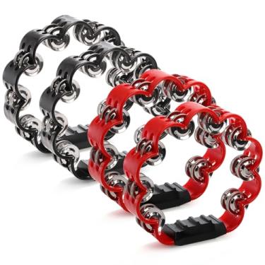 Imagem de Okllen Pacote com 4 pandeiros de percussão de duas fileiras, instrumentos musicais de sinos de pandeiro, para adultos, amantes de pandeiro, presente de Natal, vermelho e preto