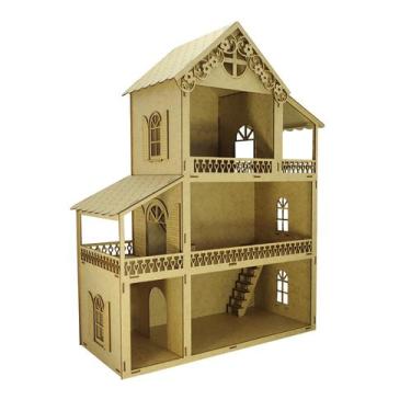 Imagem de Casa Boneca Polly Borda Flor Com 30 Moveis 59x44x19,5 Madeira Mdf - At