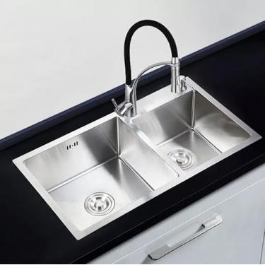 Imagem de Kit Cuba Dupla Gourmet Aço Inox Com Torneira Monocomando De Luxo Preta Brinovar