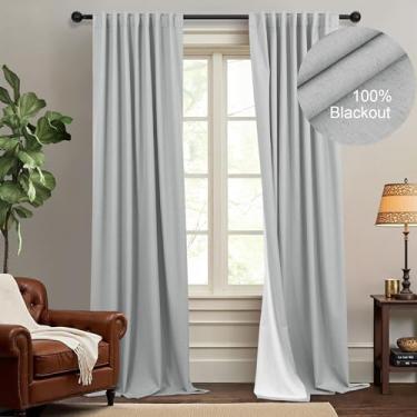 Imagem de Cortinas de porta de vidro deslizante 100% blackout 300 cm de comprimento, 2 painéis, 3 m, cortinas de linho texturizadas de algodão de luxo para casa de fazenda, cinza claro, cinza claro, branco, aba