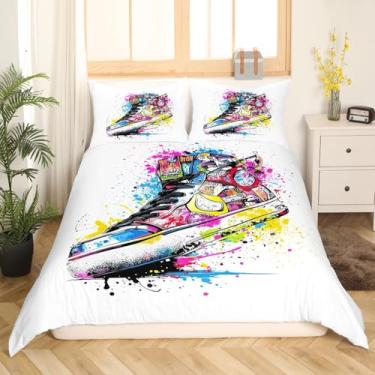 Imagem de Feelyou Conjunto de capa de edredom de tênis retrô legal para crianças, meninos, meninas, graffiti, capa de edredom para quarto, 3 peças, tamanho Queen, zíper, sem edredom