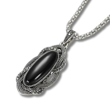 Imagem de Colar Feminino "Tashi Delek" em Prata Tibetana 925 com Cristal Ônix e Zircônias - 60cm - Acompanha Bolsa de Veludo