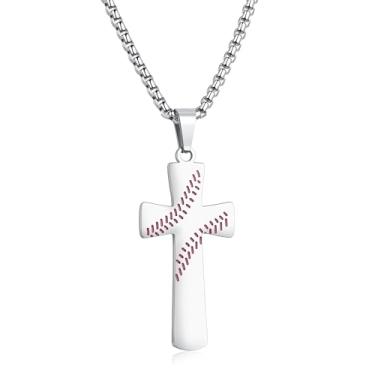 Imagem de JerryHardice Colar de cruz de beisebol para homens, colar com pingente de cruz de aço inoxidável, joia esportiva religiosa cristã, presente de aniversário para filho, namorado, marido, Standard, Aço