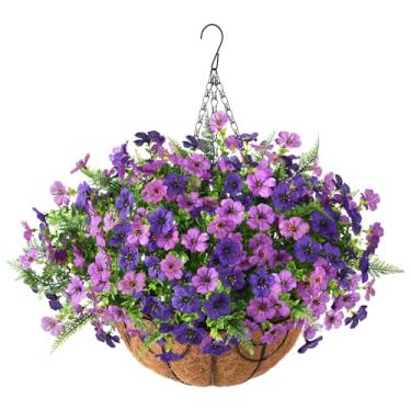 Imagem de Cestas de flores artificiais, multicoloridas, 12 pacotes de flores falsas com samambaias, cesta suspensa ao ar livre, decoração de primavera e verão, plantas falsas para varanda, pátio, varanda,