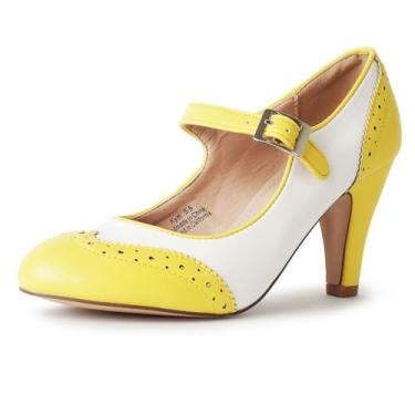 Imagem de Sapato Oxford Mary Jane J. Adams – Salto baixo gatinho – sapato retrô com bico redondo e tira no tornozelo – Kym, Amarelo e branco., 6.5