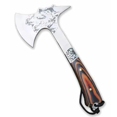 Imagem de Machado Tático Lobo do Norte, Tomahawk de Combate com Cabo em Madeira, Decoração em Prata