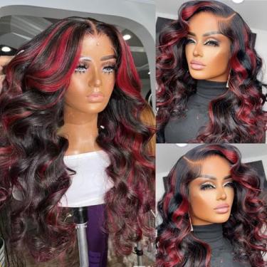 Imagem de Missyvan Red Body Wave Black Ombre 13X4 Hd Peruca De Renda Frontal Sintética Pré-Arrancada Destaques Vermelhos Listra De Gambá Densidade 180% Cabelo Macio Peruca Sem Cola Para Mulheres Linha De Cabe