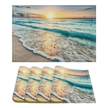 Imagem de Conjunto de 4 jogos americanos cênicos do oceano, paisagem de praia tropical havaiana com estampa de onda costeira havaiana para casa, mesa de jantar, cozinha, decoração de festa na praia, 4 peças
