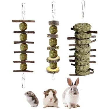 Imagem de 3 peças de brinquedos para mastigar dentes de coelho, palitos de mastigar ramo de maçã com bola de grama e bolo de grama para coelhos, hamsters, porquinhos-da-índia