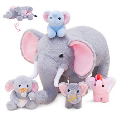 Imagem de Elefante de pelúcia OUOZZZ com 4 filhotes de elefantes