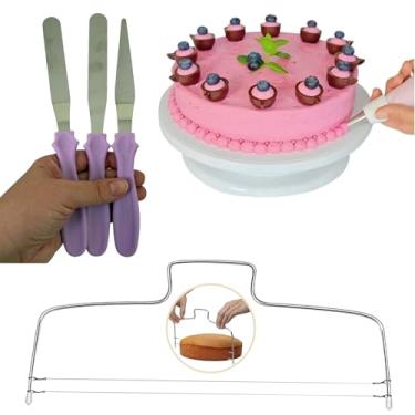Imagem de Kit Confeiteiro: Bailarina Prato Suporte Giratório + Cortador Nivelador de Bolo + Espátulas Reta Angular (Lilás)