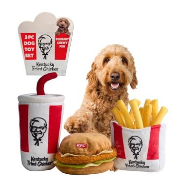 Imagem de Conjunto de 3 peças para cães de pelúcia KFC Finger Lickin' Good – Sanduíche de frango, batatas fritas e refrigerantes, brinquedos interativos enrugados e estridentes para cães médios e mastigadores
