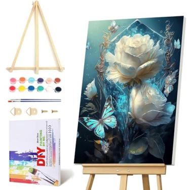 Imagem de Kit de pintura de flores por números para adultos com moldura - Pintura por número com cavalete de madeira DIY Nice Box Pintura a óleo acrílica, para decoração de parede 20 x 30 cm