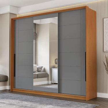 Imagem de Guarda-Roupa Casal Lisboa 3 Portas 4 Gavetas com Espelho Freijó/Cinza - Politorno