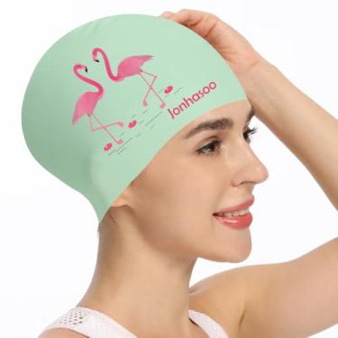 Imagem de Jonhosoo Touca de natação de silicone para mulheres, touca de natação de cabelo longo impermeável com estampa de flores (verde)