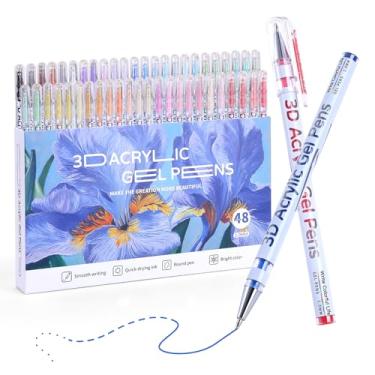 Imagem de KEMYR Caneta de gel acrílico 3D, canetas de gel de 48 cores com ponta de bala de 1 mm, canetas de tinta acrílica para papel preto, pintura rupestre, vidro, madeira, tecido, cartões, scrapbook
