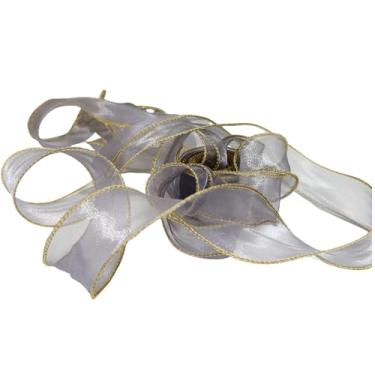 Imagem de Daihellenstone Fita de organza cinza transparente de 10 metros de 3,8 cm transparente com borda metálica para embrulho de presente, embrulho de buquê, artesanato, decoração de festa