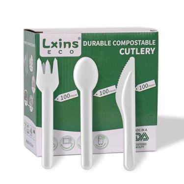 Imagem de Conjunto de talheres compostáveis extra pesados – 300 utensílios descartáveis grandes, sem garfos de plástico, colheres, facas, garfo biodegradável, talheres ecológicos para festas, churrascos, uso