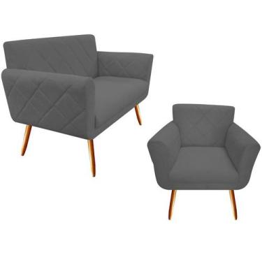 Imagem de Kit Namoradeira + 1 Poltrona Decorativa Sabrina Suede Cinza Pés Madeir