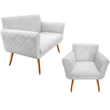 Imagem de Kit Namoradeira + 1 Poltrona Decorativa Sabrina Couro Branco Pés Madei