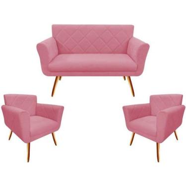 Imagem de Kit Namoradeira + 2 Poltronas Decorativa Sabrina Suede Rosa Pés Madeir