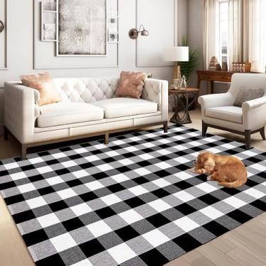 Imagem de HOYIJA Tapete xadrez Buffalo, 1,8 m x 18 cm, preto e branco, algodão tecido à mão, para ambientes internos ou externos, sala de estar/sala de jantar