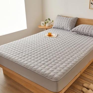 Imagem de ZIQINPSQ Lençol Gingham Casal, 45,7 cm, Bolso Profundo, Respirável, Acolchoado, Sem Bolinhas, Resistente a Rugas, Capa de Colchão para Todas as Estações com Pillowease, Cinza Claro