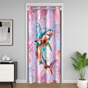 Imagem de Feelyou Cortina de porta de tubarão aquarela para privacidade de entrada com tema de animais submarinos cortina de porta de armário para quarto conjunto de sala de estar conchas rosa corais divisória