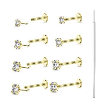 Imagem de Beautidots 9 peças de brincos de nariz de ouro 18G com costas planas aço inoxidável tragus labret cartilagem lábio medusa concha piercing joias CZ diâmetro 2 3 4 mm comprimento da barra 6 7 8 9 mm