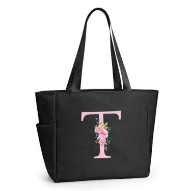 Imagem de KALIDI Sacola de praia personalizada, bolsa de compras com zíper inicial do alfabeto para mãe, professora, amiga, casamento, compras diárias, Preto - T, Large