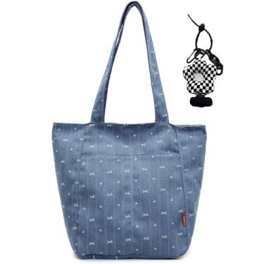 Imagem de Micmores Bolsa jeans feminina vintage, bolsa de ombro moderna, bolsa jeans para trabalho, viagem, compras, Padrão de laço - azul claro, Large, Sacola jeans moderna