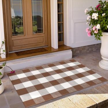 Imagem de Uphome Bufflo Tapete xadrez para ambientes externos 69,8 x 109,2 cm, decoração de outono, tapete quadriculado para porta da frente, tapete de varanda de algodão para casa de fazenda para tapetes de