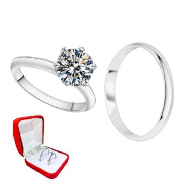 Imagem de Anel Namoro Prata 2mm Unissex + Anel Solitario Prata Pedra Branca 2mm 