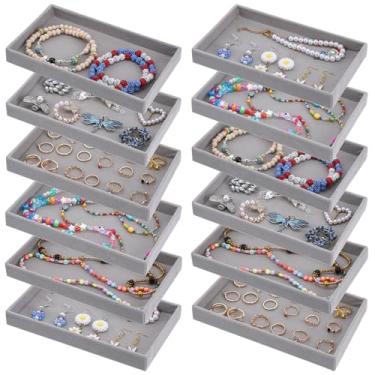 Imagem de AojSup 12 bandejas pequenas de veludo para joias, 20 x 12 x 2,5 cm, bandeja organizadora de gavetas empilháveis cinza premium, bandejas de armazenamento para colar, brinco e pulseira