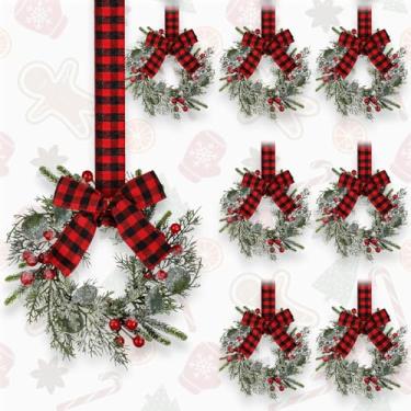 Imagem de Hoteam 8 mini guirlandas de armário de Natal de 23 cm com cedro fosco, baga vermelha e laços xadrez vermelhos e pretos, agulha de pinheiro norfolk, cozinha artificial, inverno, Natal, decoração de