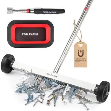 Imagem de TOOLEAGUE Vassoura magnética rolante de 43 cm com rodas, alça ajustável telescópica, rolo magnético de capacidade de 4,5 kg, bandeja magnética dobrável, caneta captador de 6,8 kg, conjunto de 3 peças