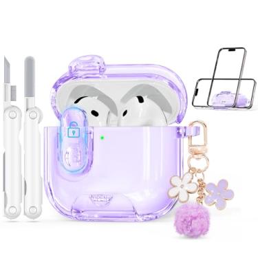 Imagem de Skyconser Capa com trava de segurança para Apple AirPods 4 2024, capas transparentes com suporte de telefone e kit de limpeza, capa de TPU macio para AirPods 4ª geração, chaveiro fofo para mulheres e
