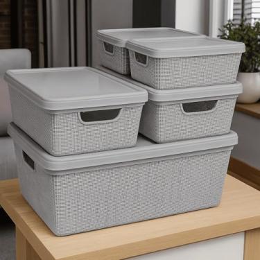 Imagem de Caixa Organizadora com Tampa Kit 5 Peças Cesto Grande em Plástico 1,8 L 5 L 15 L - Rv-Ecommerce (Cinza)