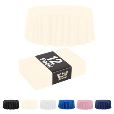 Imagem de Pacote com 12 toalhas de mesa de plástico marfim - Toalha de mesa redonda descartável de 300 cm para festas - toalha de mesa redonda - toalhas de mesa descartáveis para festas - capa de mesa de