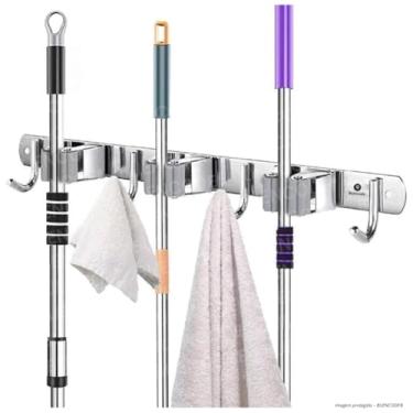Imagem de Organizador de Parede Premium para Vassouras, Aço Inoxidável, Prateleiras e Ganchos, Suporte Resistente e Antiferrugem para Cozinha e Lavanderia