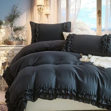 Imagem de Bedorm Conjunto de capa de edredom vintage com babados e babados azul marinho com franjas e babados para decoração de quarto boho chique com fronhas