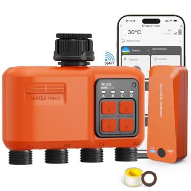 Imagem de Temporizador de irrigação WiFi inteligente de 4 zonas, temporizador de água WiFi para mangueira de jardim com alcance de 984 pés, aplicativo e controle remoto, compatível com Alexa e Google Voice