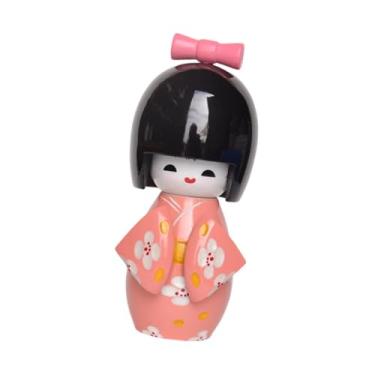 Imagem de WeiLaiKeQi Boneca de gueixa quimono japonesa tradicional em miniatura, estatueta de madeira colecionável de kabuki asiática para loja de armários de escritório, Rosa
